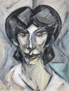 20ème siècle Français Peinture cubiste moderniste Portrait de Broodin Femme aux cheveux noirs