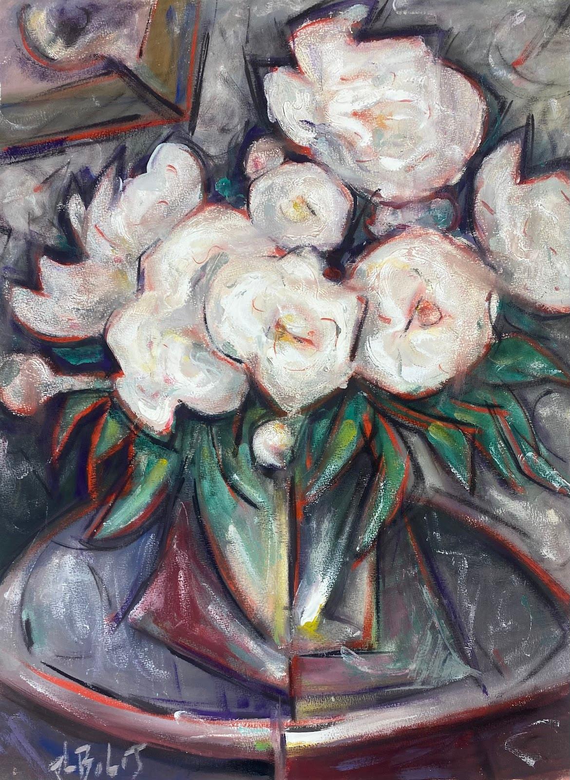 Paul-Louis Bolot (French 1918-2003) Still-Life Painting - 20th Century French Modernist Cubist Painting White Peonies Flower Arrangement 