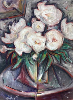 20th Century French Modernist Cubist Painting White Peonies Flower Arrangement 