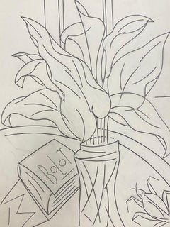 Disegno modernista francese del XX secolo di fiori in bianco e nero in un vaso