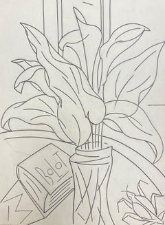 Vintage 20th Century French Modernist Drawing Of Black And White Flowers In Vase