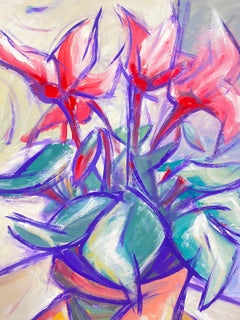 20th Century French Modernist Floral Painting Of Pink Explosive Poinsettia