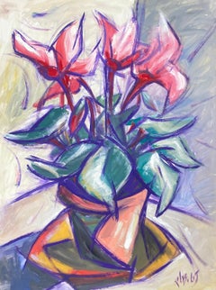 Peinture florale moderniste française du 20ème siècle représentant une poinsettie rose explosive