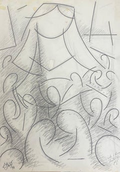 20th Century French Modernist Gouache Painting Abstract Female Musician