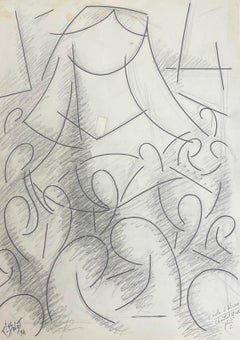 20th Century French Modernist Gouache Painting Abstract Female Musician