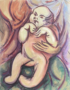 20th Century French Modernist Gouache Painting Baby In Their Mothers Arms