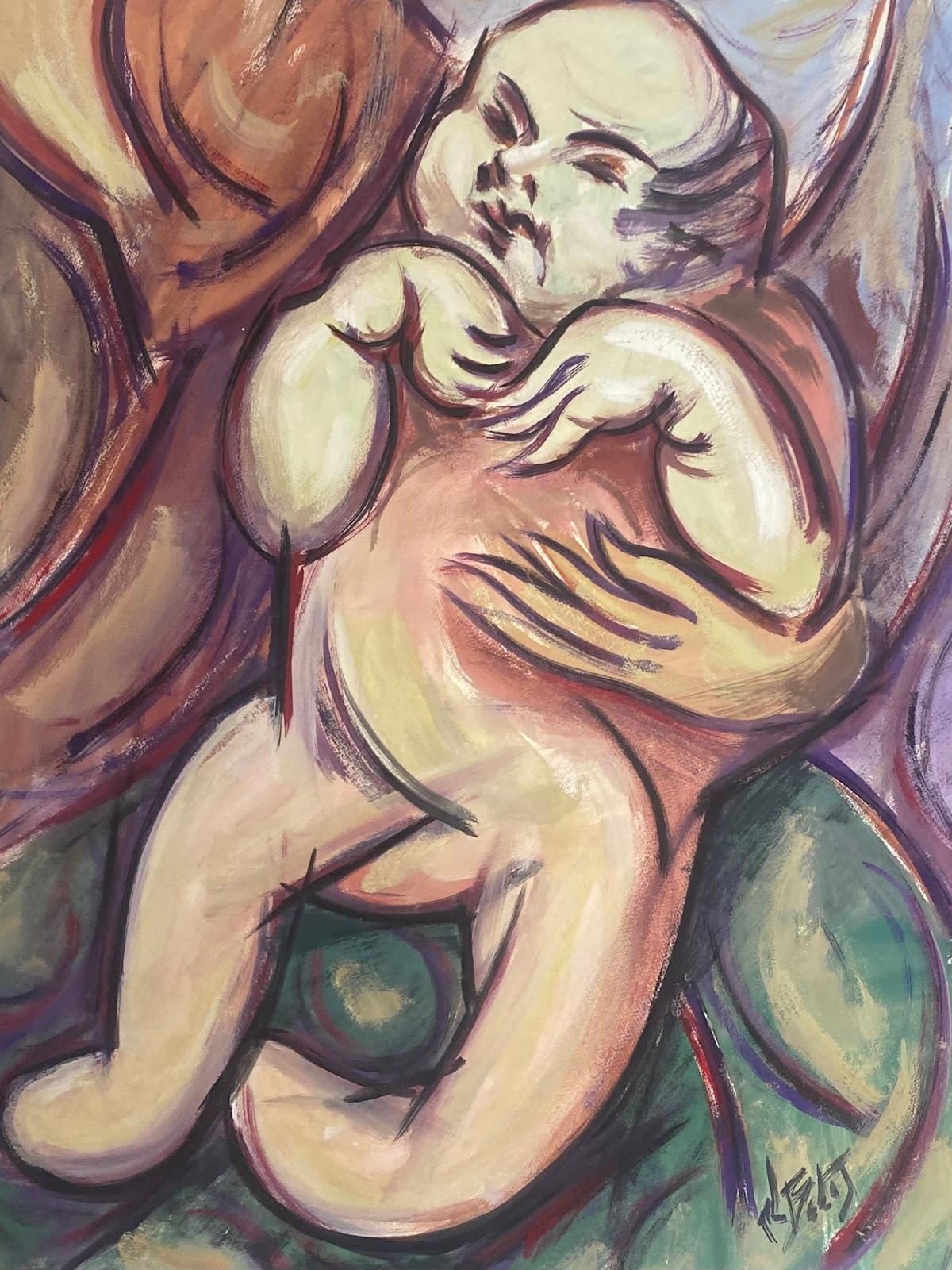 Paul-Louis Bolot (French 1918-2003) Figurative Painting - 20th Century French Modernist Gouache Painting Baby In Their Mothers Arms