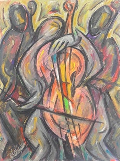 20th Century French Modernist Gouache Painting Colorful Orchastra Of Cellos
