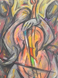 Vintage 20th Century French Modernist Gouache Painting Colorful Orchastra Of Cellos 