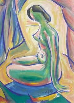 Französisches modernistisches Gouache-Gemälde des 20. Jahrhunderts, grüne abstrakte, nudefarbene Dame