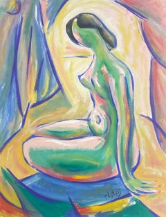 20th Century French Modernist Gouache Painting Green Abstract Posed Lady In Nude