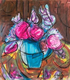 20th Century French Modernist Gouache Painting Of Monochrome Flower Arrangement