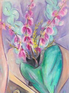 20th Century French Modernist Gouache Painting Of Pink Orchids