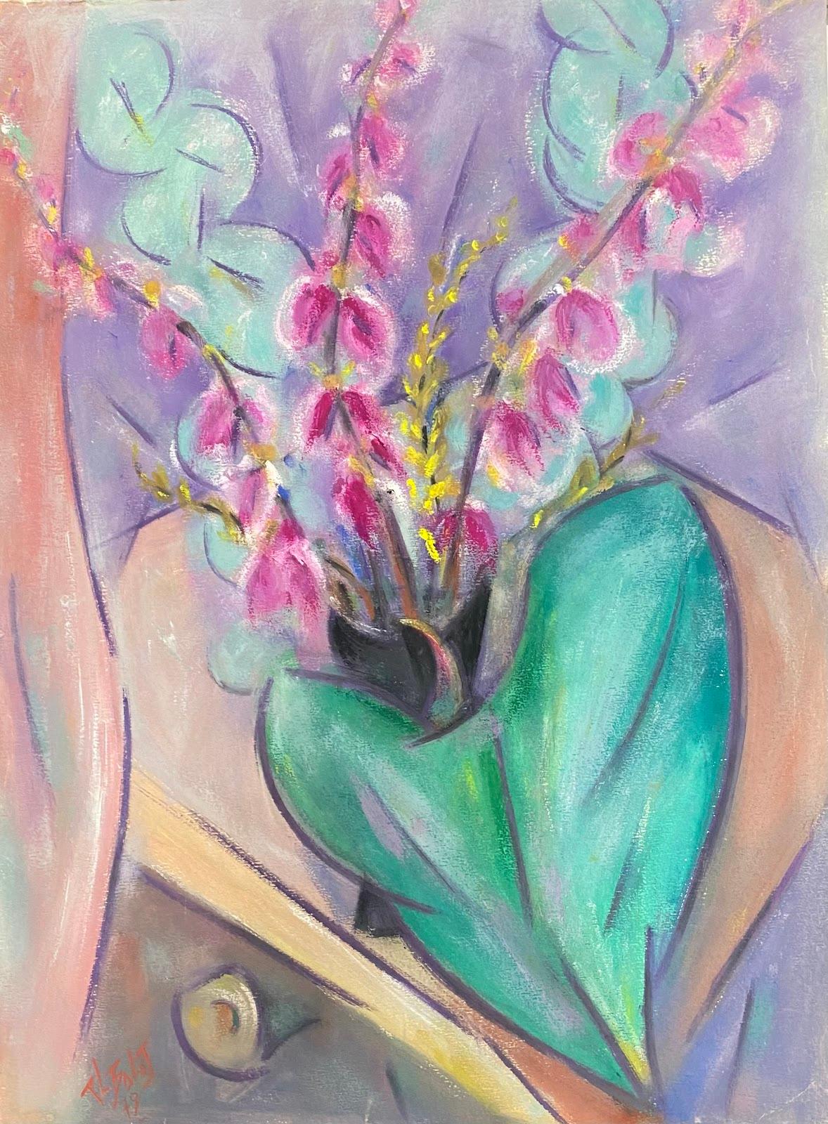 Peinture à la gouache moderniste française du 20ème siècle représentant des orchidées roses