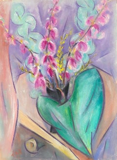 20th Century French Modernist Gouache Painting Of Pink Orchids
