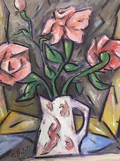 20th Century French Modernist Gouache Painting Pink Roses In White Jug