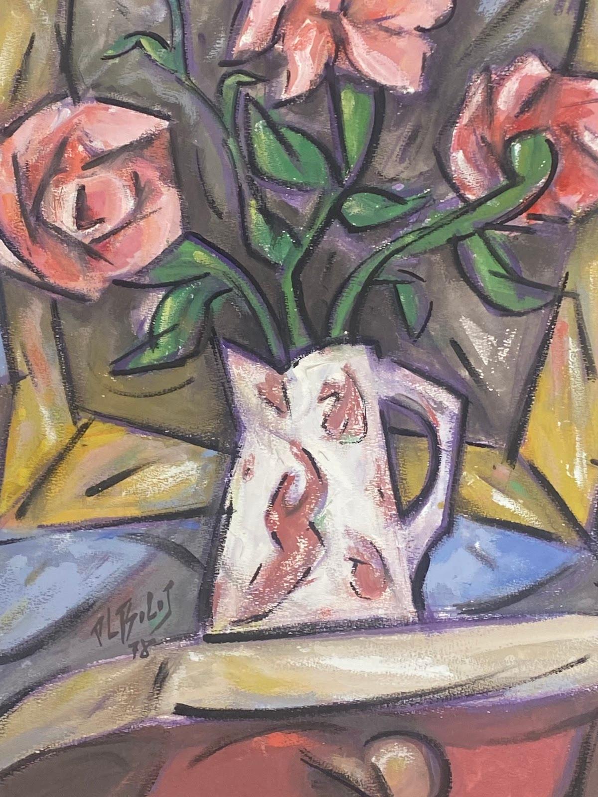 20th Century French Modernist Gouache Painting Pink Roses In White Jug For Sale 1