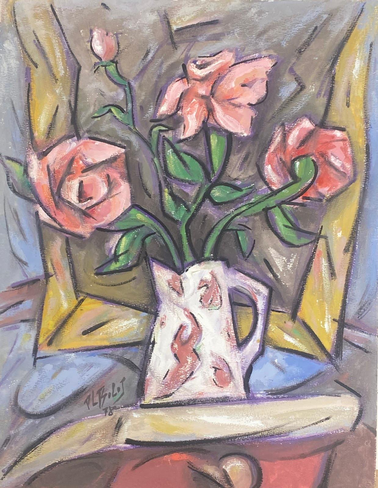 Paul-Louis Bolot (French 1918-2003) Still-Life Painting – Französisches modernistisches Gouache-Gemälde des 20. Jahrhunderts, rosa Rosen in weißem Krug