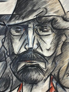 20th Century French Modernist Gouache Painting Portrait Of Inspector In His Hat