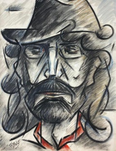 Portrait d'inspecteur au chapeau, peinture à la gouache moderniste française du 20e siècle
