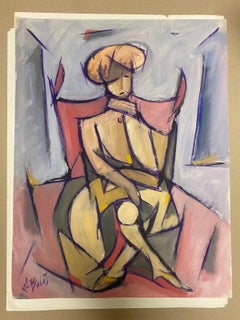 20th Century French Modernist Gouache Painting Seated Chic Lady In Hat