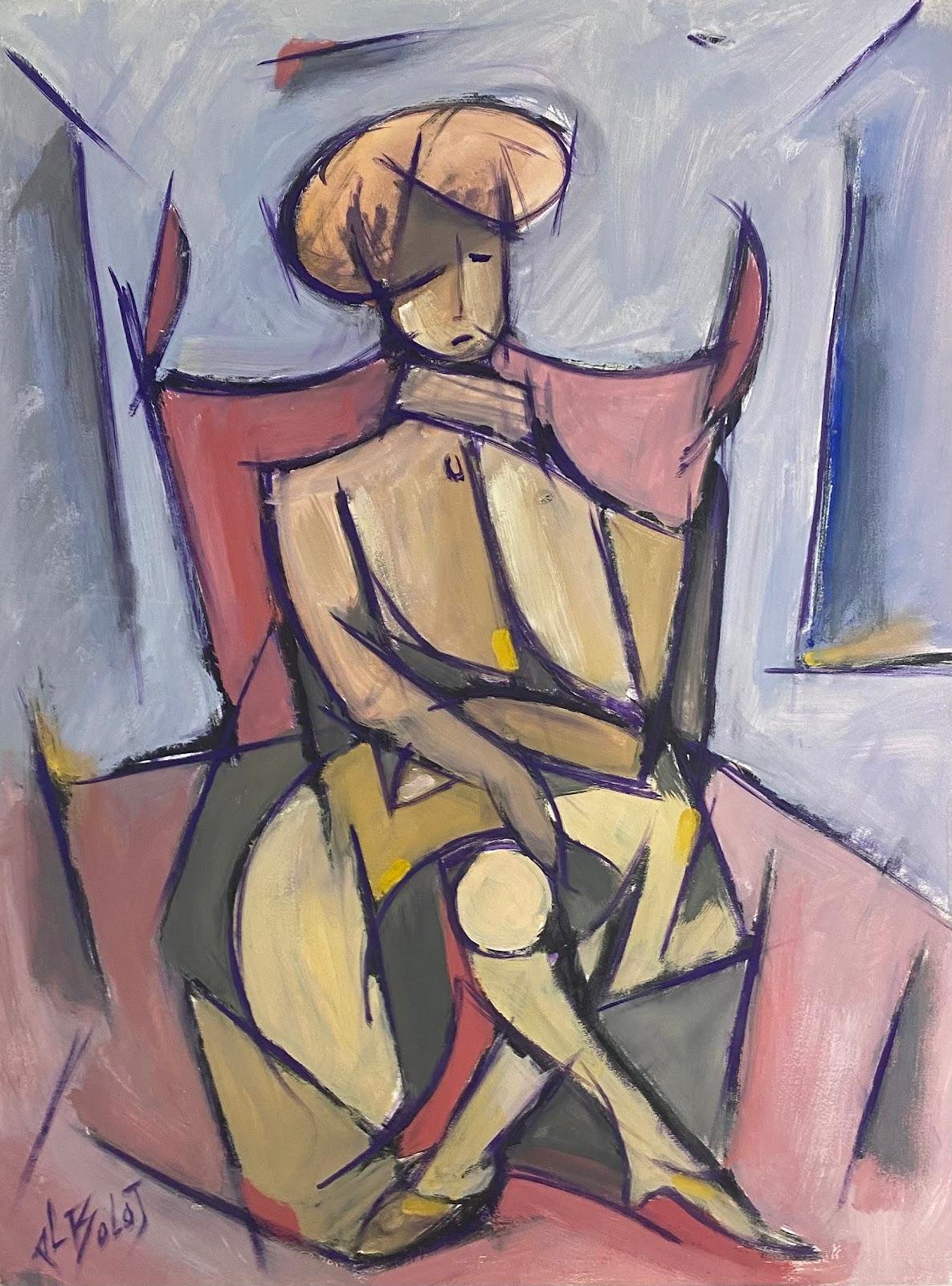 Paul-Louis Bolot (French 1918-2003) Figurative Painting - 20th Century French Modernist Gouache Painting Seated Chic Lady In Hat