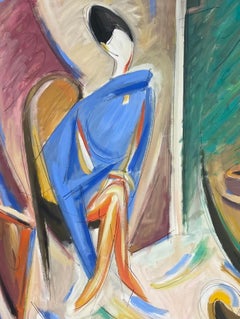 Quadro a guazzo modernista francese del XX secolo Signora elegante in abito blu