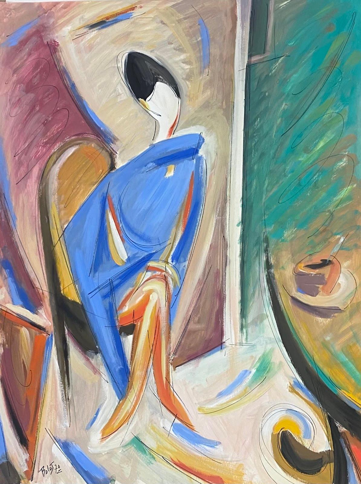 Paul-Louis Bolot (French 1918-2003) Figurative Painting - 20th Century French Modernist Gouache Painting Stylish Lady In Blue Dress