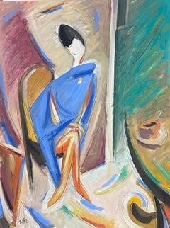 Vintage 20th Century French Modernist Gouache Painting Stylish Lady In Blue Dress