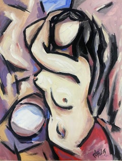 Peinture de Gouche moderniste française du 20e siècle Femme nue Portrait abstrait