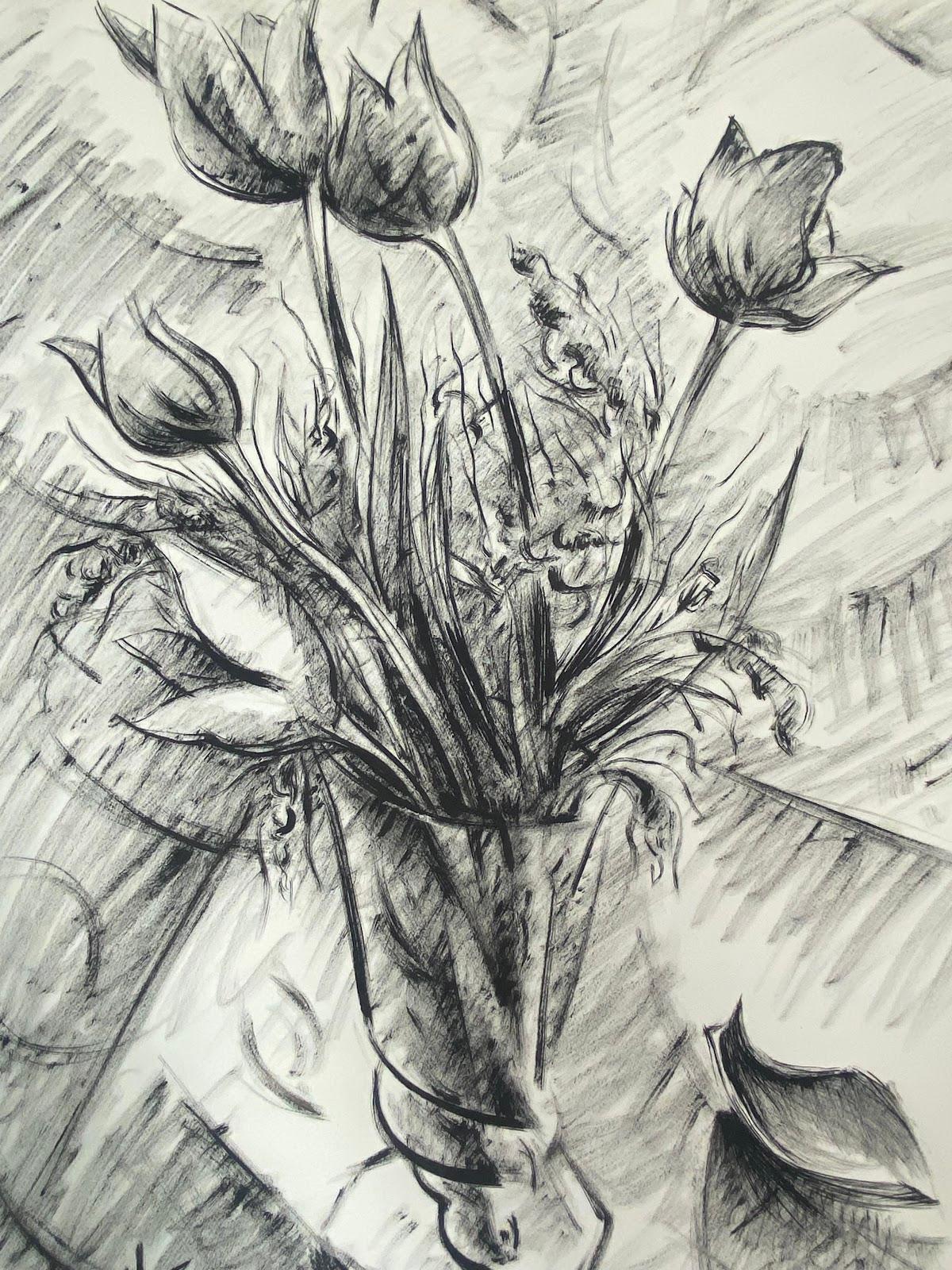 Peinture monochrome moderniste française du 20e siècle représentant des tulipes dans un vase  - Painting de Paul-Louis Bolot (French 1918-2003)