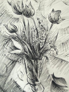 20th Century French Modernist Monochrome Painting Of Tulips In A Vase