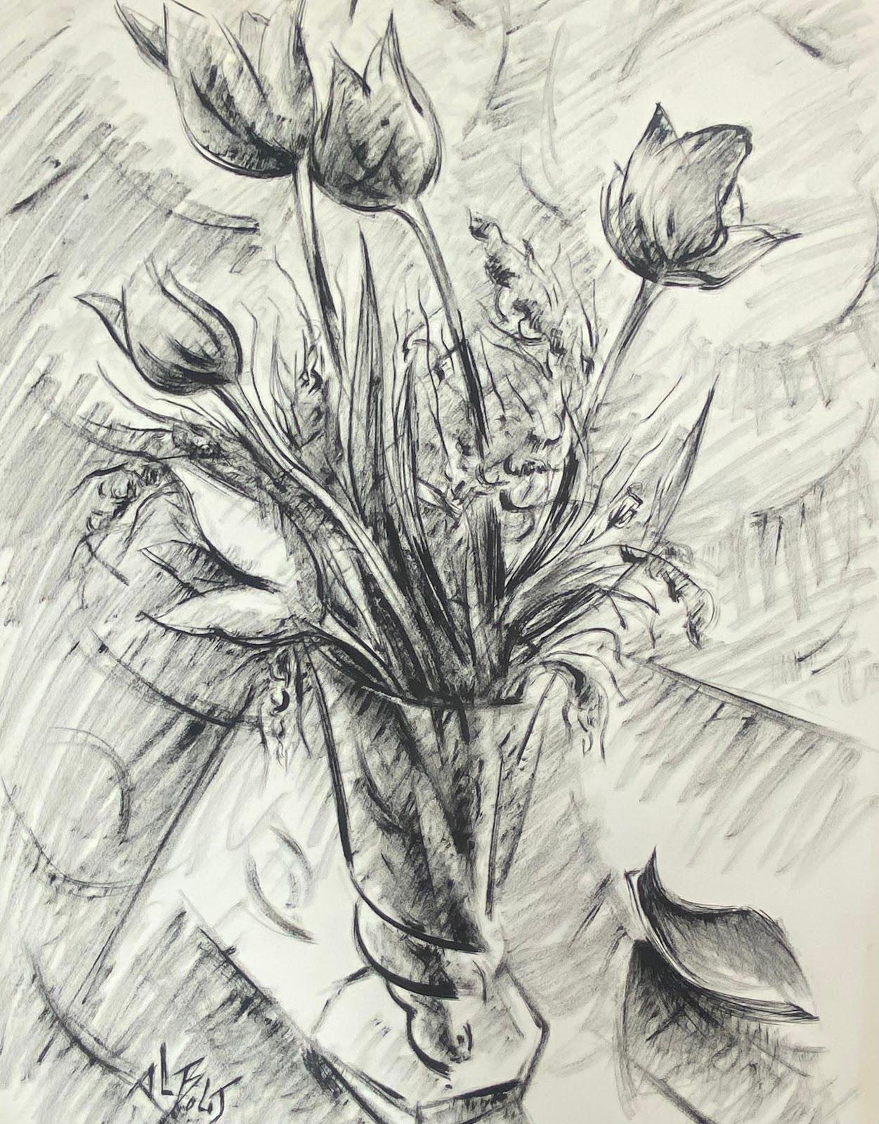 Figurative Painting Paul-Louis Bolot (French 1918-2003) - Peinture monochrome moderniste française du 20e siècle représentant des tulipes dans un vase 
