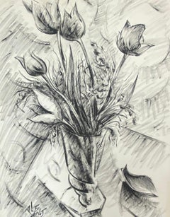 20th Century French Modernist Monochrome Painting Of Tulips In A Vase 