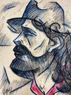 20th Century French Modernist Painting Bearded Gentleman Geometric Double Sided