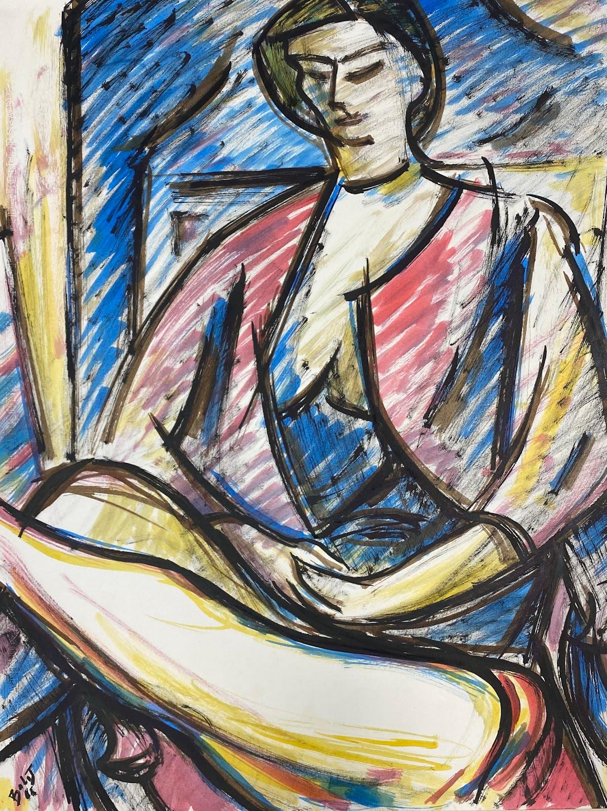 20th Century French Modernist Painting Blue & Red Posed Figure Seated