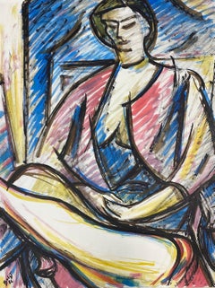 20th Century French Modernist Painting Blue & Red Posed Figure Seated