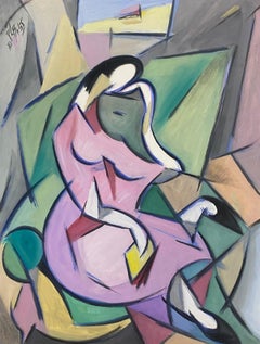 Siglo XX Pintura Modernista Francesa Cubista Geométrica Púrpura Retrato De Dama