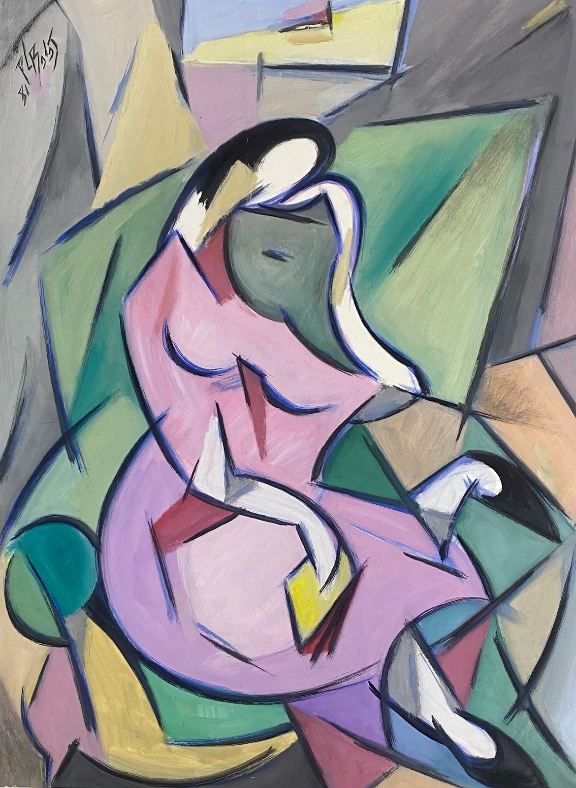 Figurative Painting Paul-Louis Bolot (French 1918-2003) - 20th Century French Modernist Painting Cubist Geometric Purple Portrait Of Lady