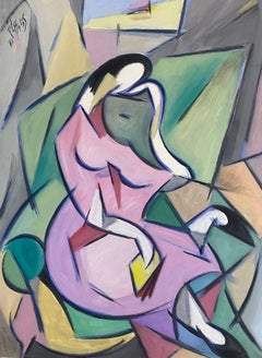 Vintage 20th Century French Modernist Painting Cubist Geometric Purple Portrait Of Lady