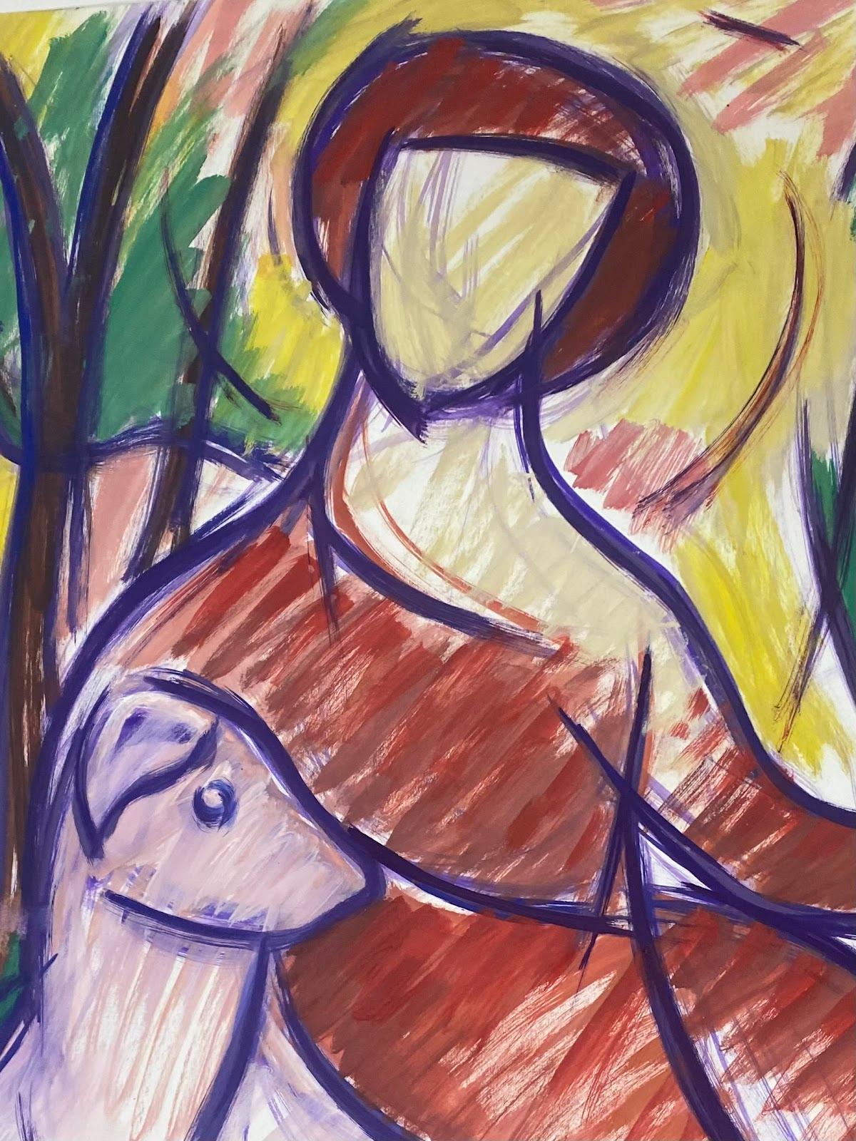 Französisches modernistisches Gemälde des 20. Jahrhunderts, mehrfarbiges abstraktes Porträt und Hund – Painting von Paul-Louis Bolot (French 1918-2003)