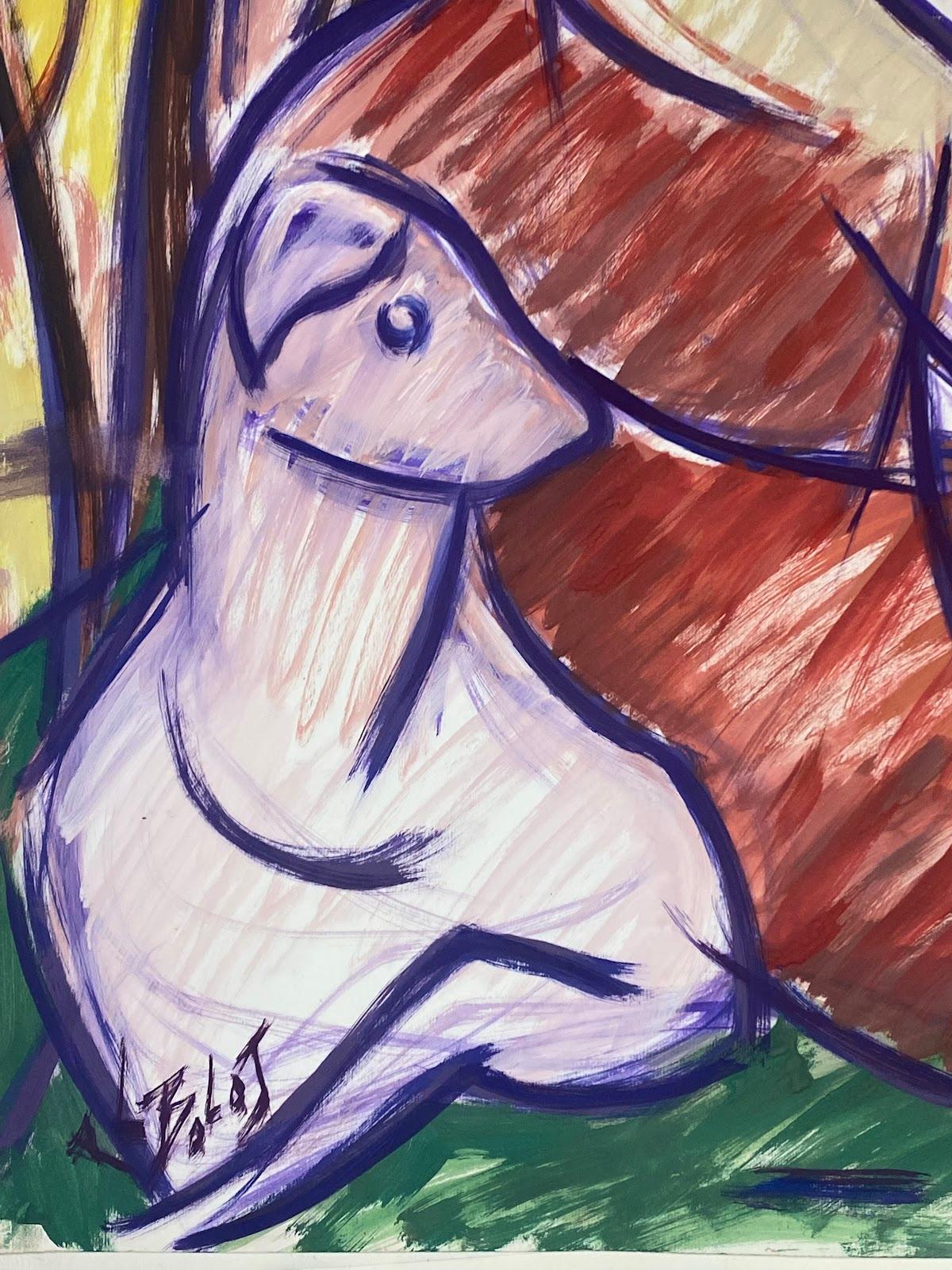 Französisches modernistisches Gemälde des 20. Jahrhunderts, mehrfarbiges abstraktes Porträt und Hund (Moderne), Painting, von Paul-Louis Bolot (French 1918-2003)