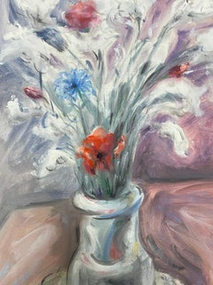 Peinture moderniste française du 20e siècle représentant des coquelicots dans un vase en verre transparent