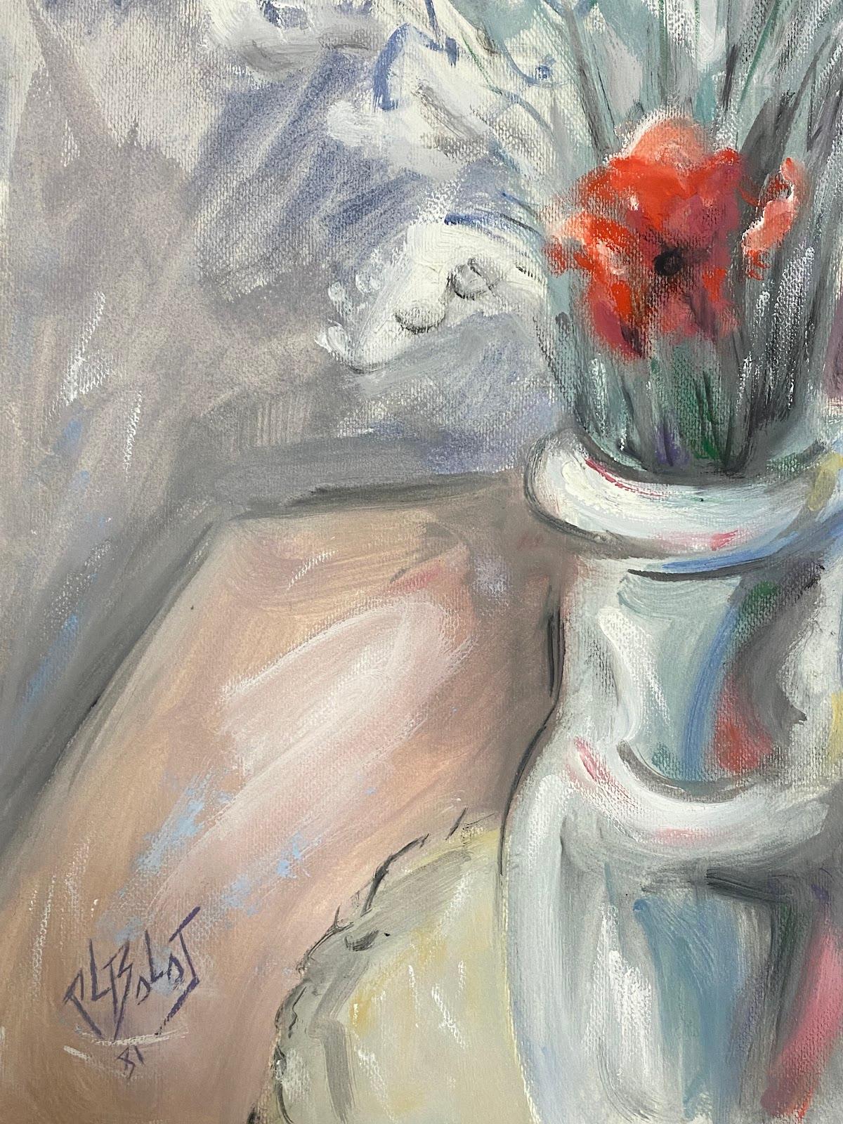 20th Century French Modernist Painting Of Poppies In Clear Glass Vase For Sale 1