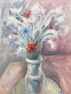 20th Century French Modernist Painting Of Poppies In Clear Glass Vase
