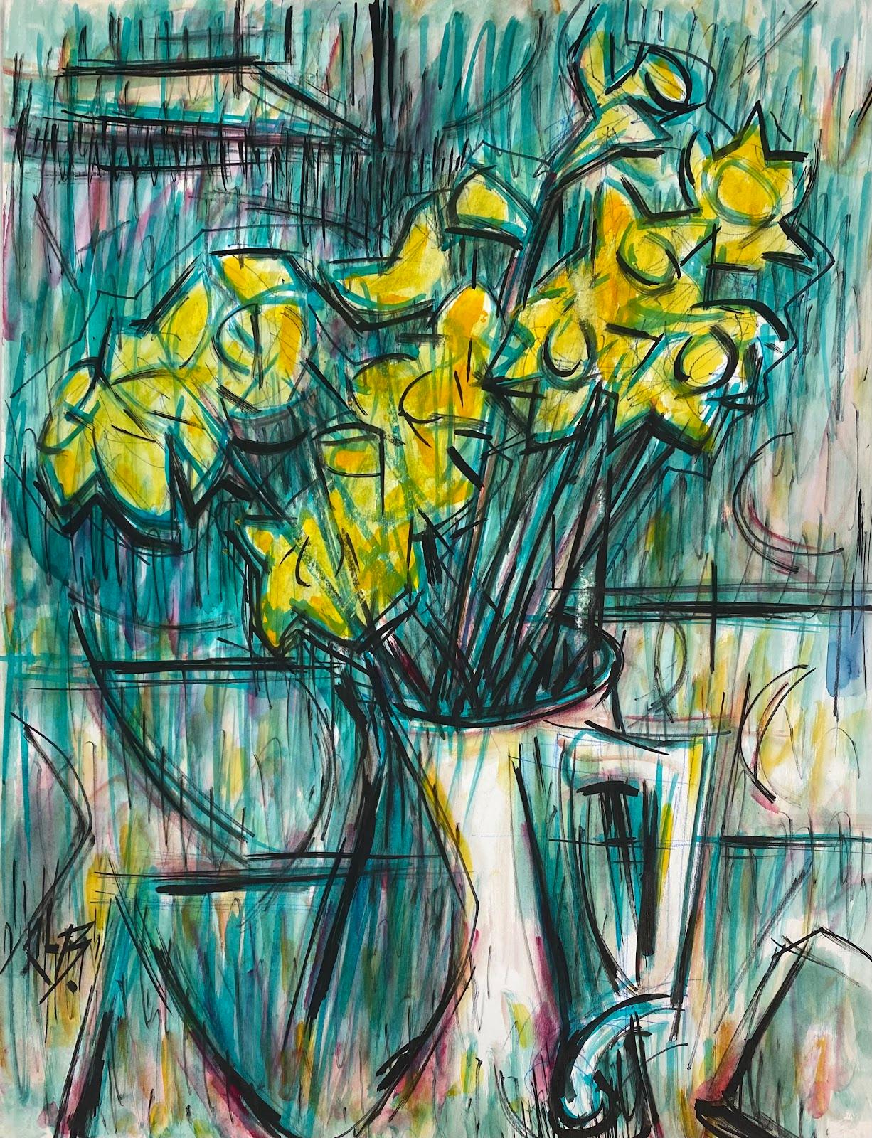 Paul-Louis Bolot (French 1918-2003) Still-Life Painting - 20th Century French Modernist Painting Of Yellow Daffodils