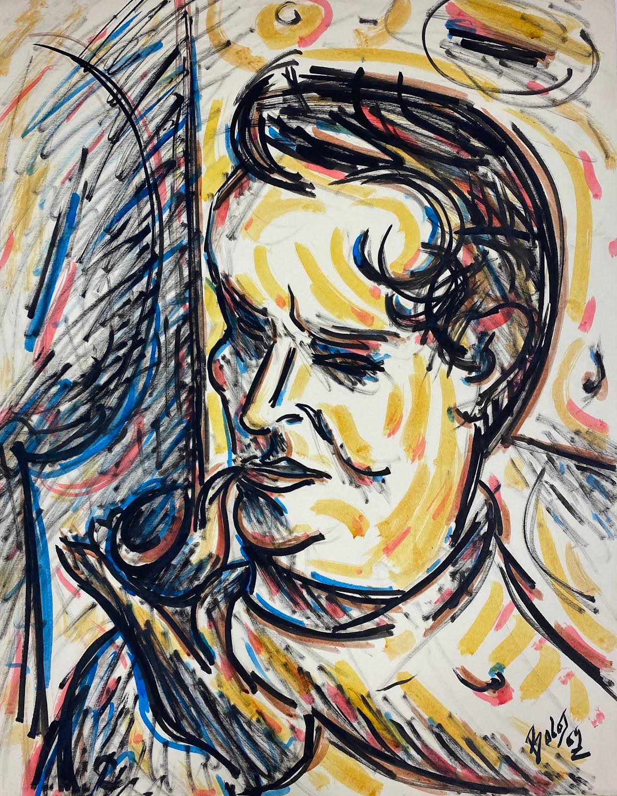 Paul-Louis Bolot (French 1918-2003) Figurative Painting - 20th Century French Modernist Painting Portrait Of Man Smoking His Pipe 