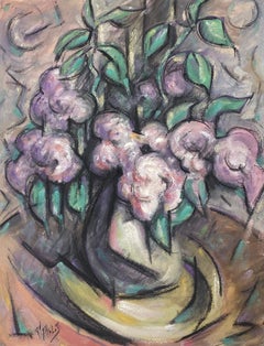 Vintage 20th Century French Modernist Painting Purple Eucalyptus Flowers 