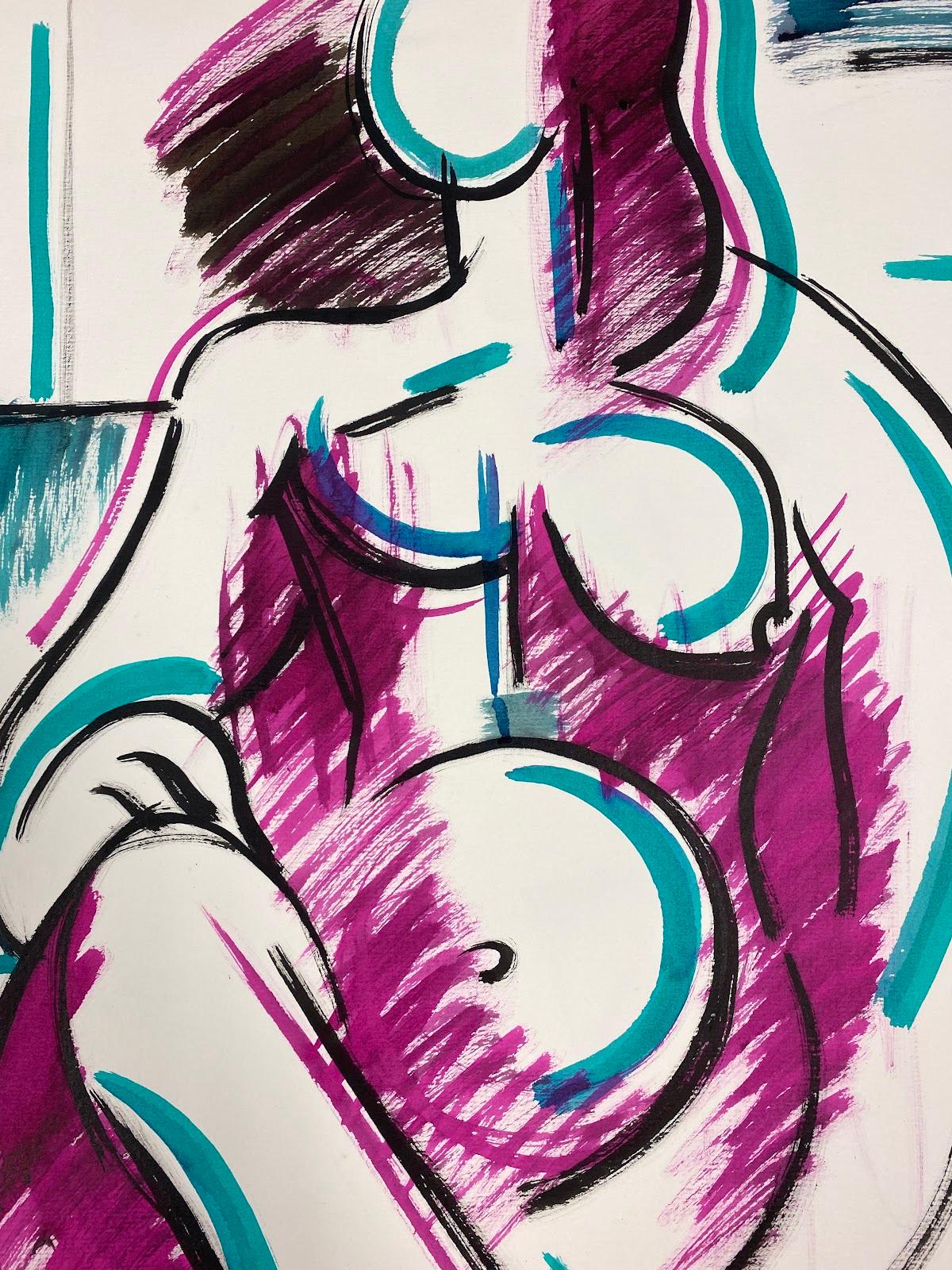 20th Century French Modernist Painting Purple Pink & Teal Green Abstract Nude  For Sale 1