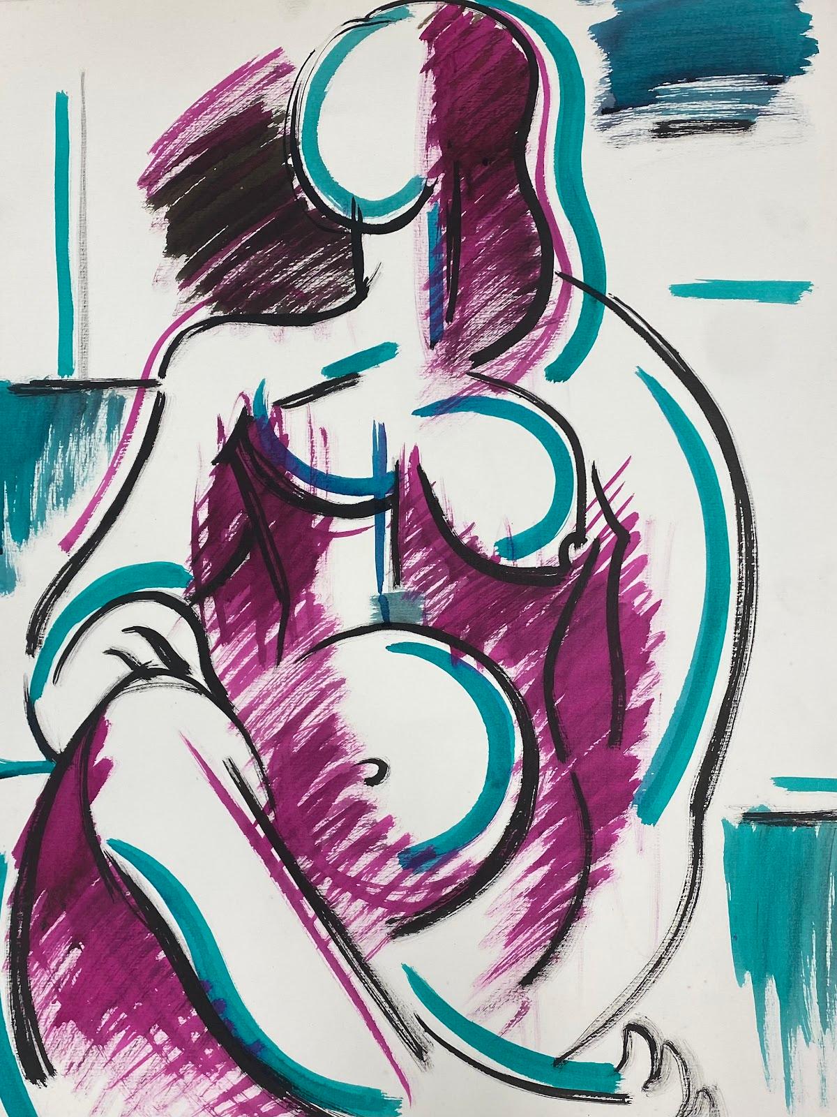 Paul-Louis Bolot (French 1918-2003) Figurative Painting - 20th Century French Modernist Painting Purple Pink & Teal Green Abstract Nude 